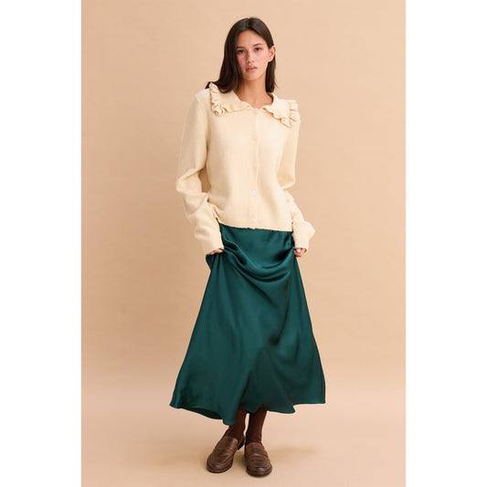 DZ - Elastic Waist, Satin Maxi Skirt 160 - Dark Green