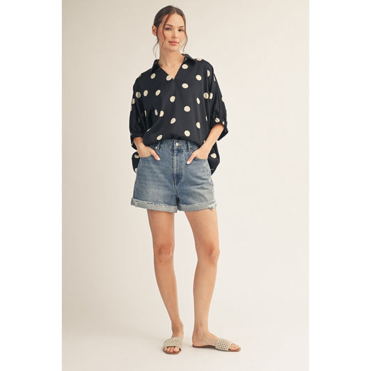 Polka Dot Satin Blouse – Relaxed Fit Collared Top 3482 - Black / Cream