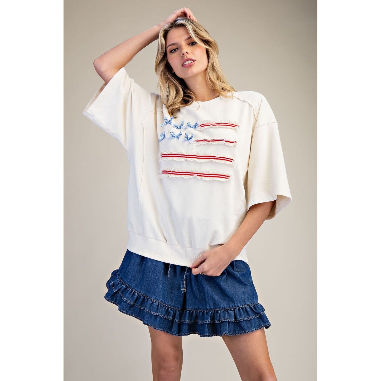 American Flag Washed Terry Pullover Top – Ivory 1893
