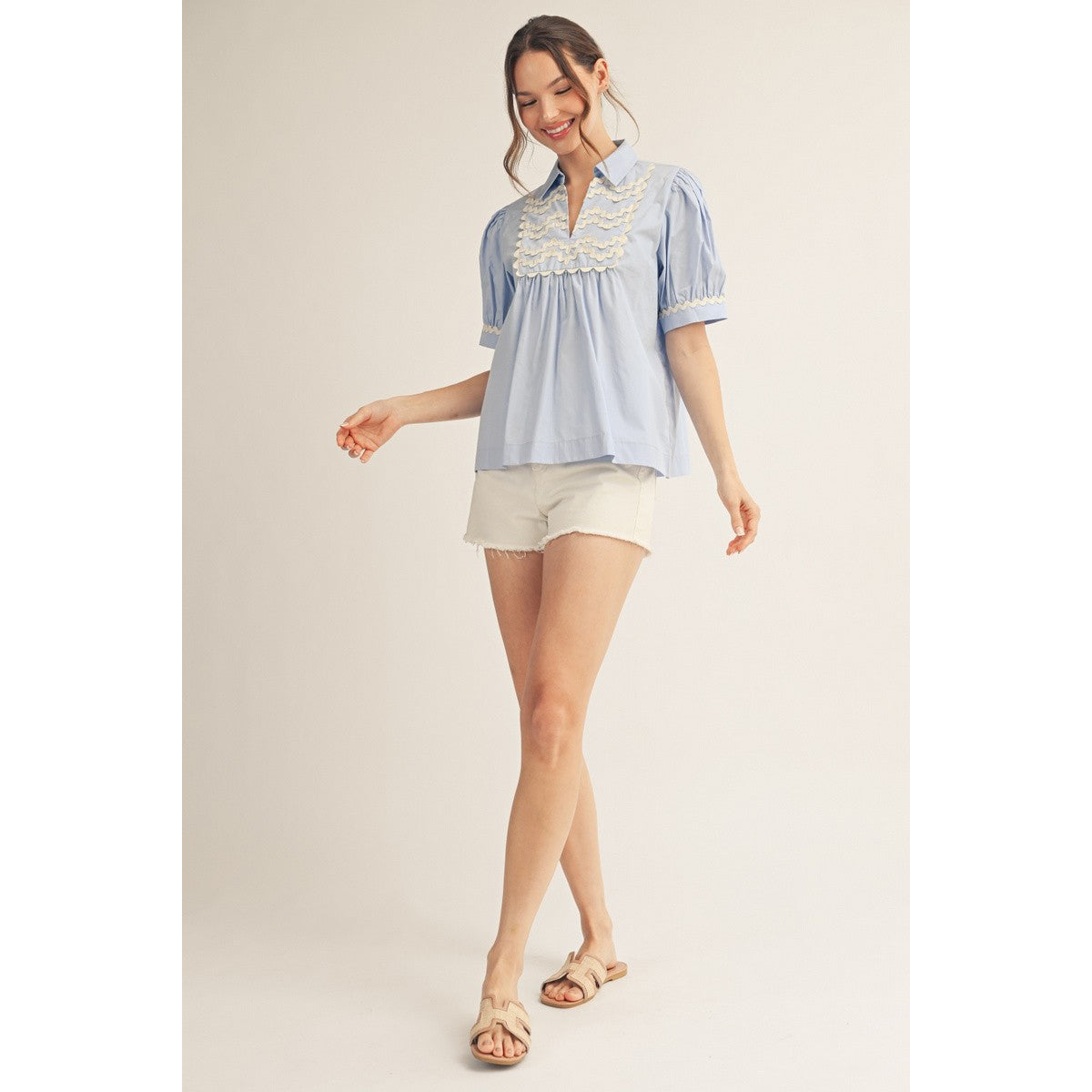 JL - Short Sleeve, Ric-Rac Trim Top 5364 - Sky Blue