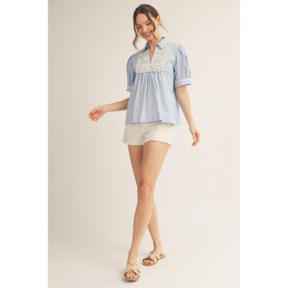 JL - Short Sleeve, Ric-Rac Trim Top 5364 - Sky Blue