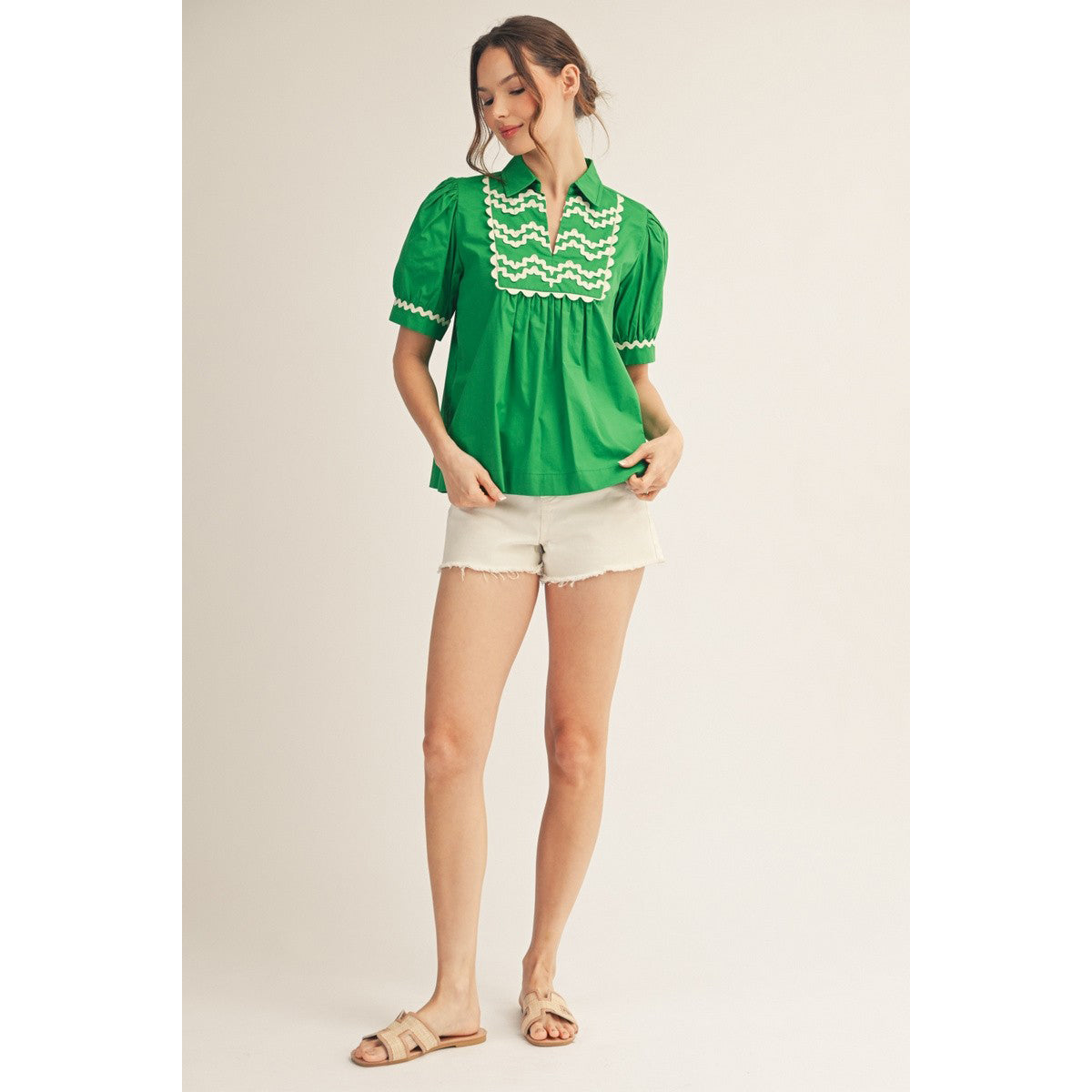 JL - Short Sleeve, Ric-Rac Trim Top 5364 - Kelly Green
