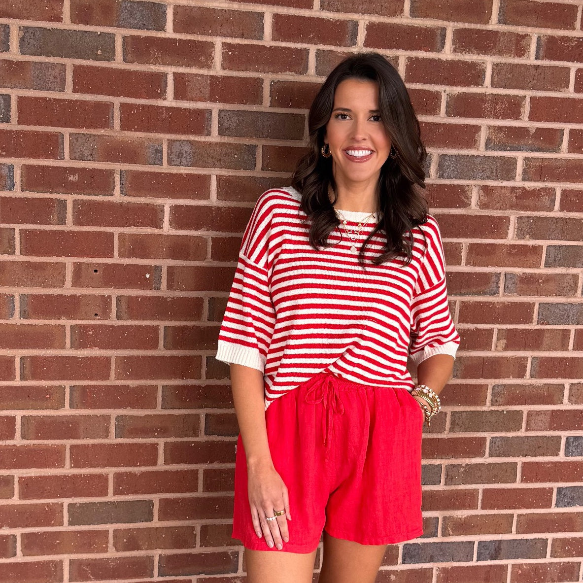 BP - Striped, Exposed Seam, Henley Boxy Top 1022 - Red