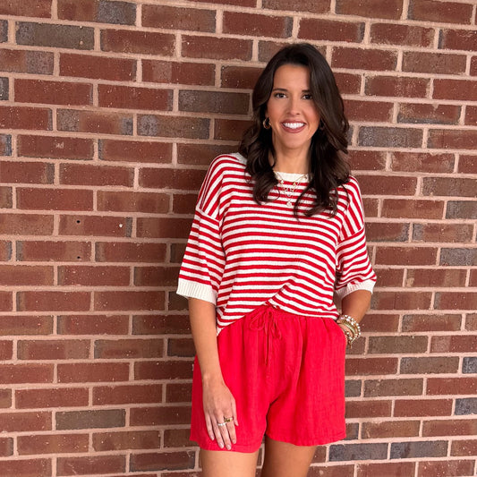 BP - Striped, Exposed Seam, Henley Boxy Top 1022 - Red