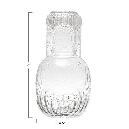 CC - 28 oz. Embossed Glass Carafe w/ 8 oz. Embossed Drinking Glass, Set of 2