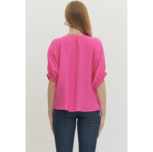 ENTRO -  V-Neck, Dolman Top w Trenza Detail 6938 - Pink