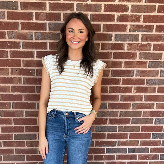 Striped Crochet Knit Tank – Cream & Tan Ruffle Sleeve Sweater Top 037