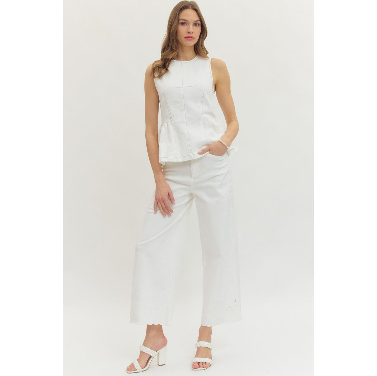 ENTRO -  Wide Leg, Scalloped Hem Jeans Pants 8358 - Off White