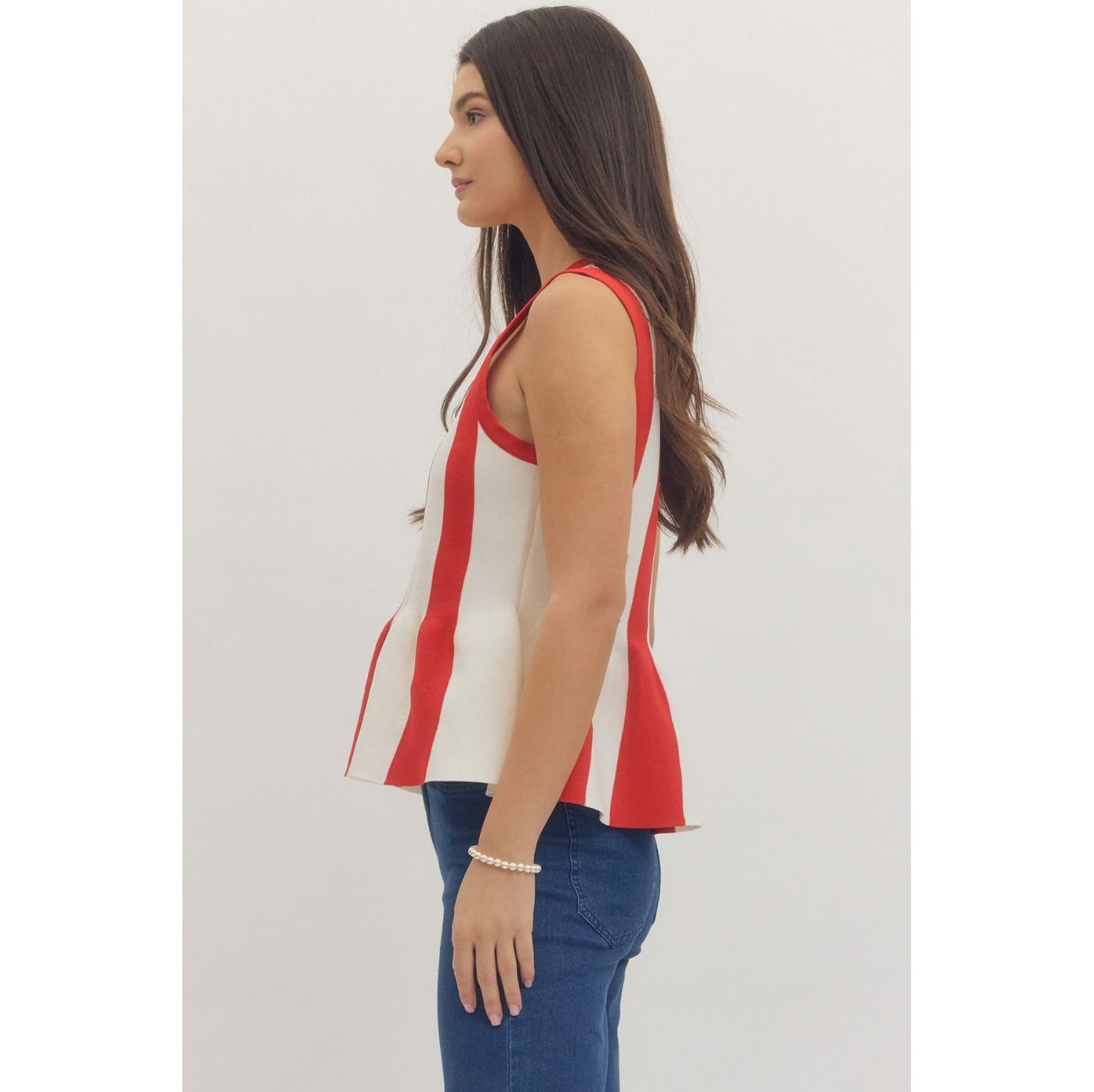 Red & White Striped Sleeveless Peplum Top – Knit Tank 1153