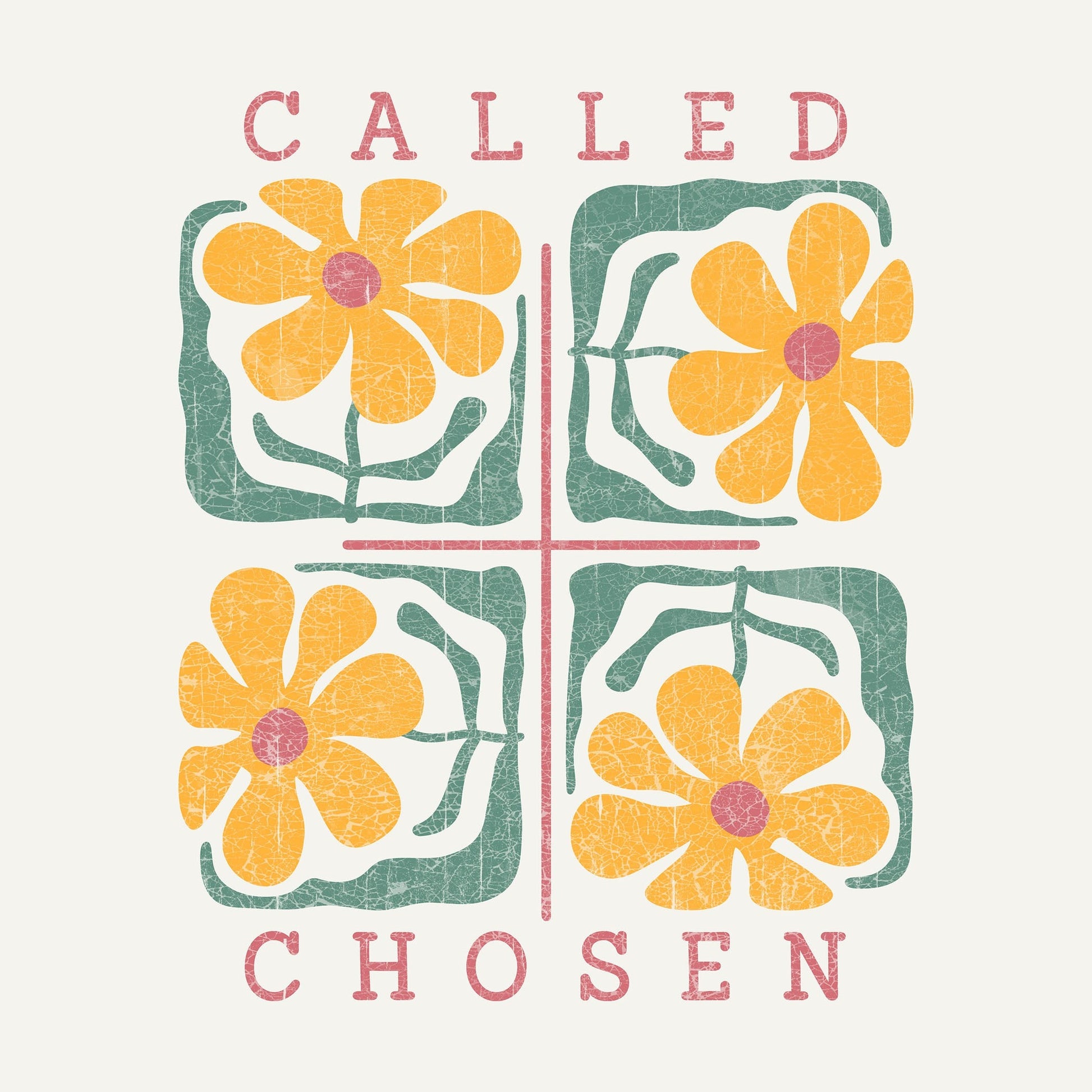 Decorative design with flowers and text 'Called Chosen' on a white background