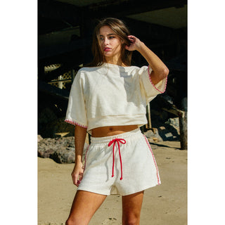 BL - Oversized Cropped Sweatshirt & Bow Tie Shorts Set 2917 - Cream/Red