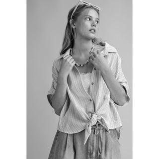Easel - Striped, Linen, Button Down Top 0027 - Khaki