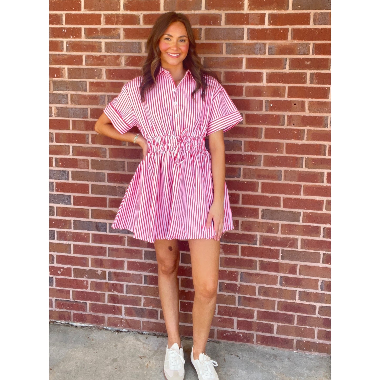 Red & White Stripe Shirt Dress – Cinched Waist Button Front Mini Dress 9648