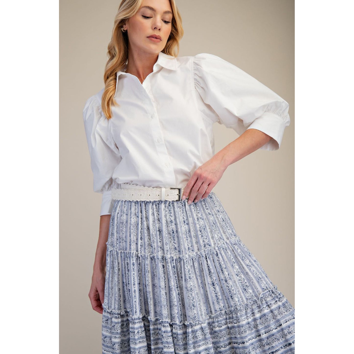 Easel - Short Sleeve, Puff Sleeve Button Down Top 9047 - White