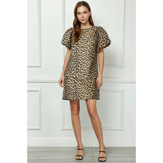 SAB - Leopard A-line dress w bold puff sleeves 5940 - Leopard Brown