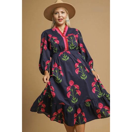 Umgee - Floral Midi Dress with Ruffle Trim 1144 - Navy Mix
