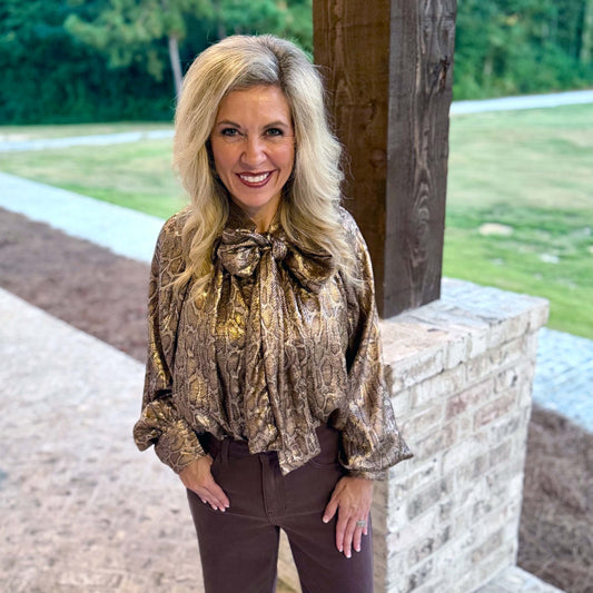 GM - tie-Neck, Snake Print Top 8374 - Camel