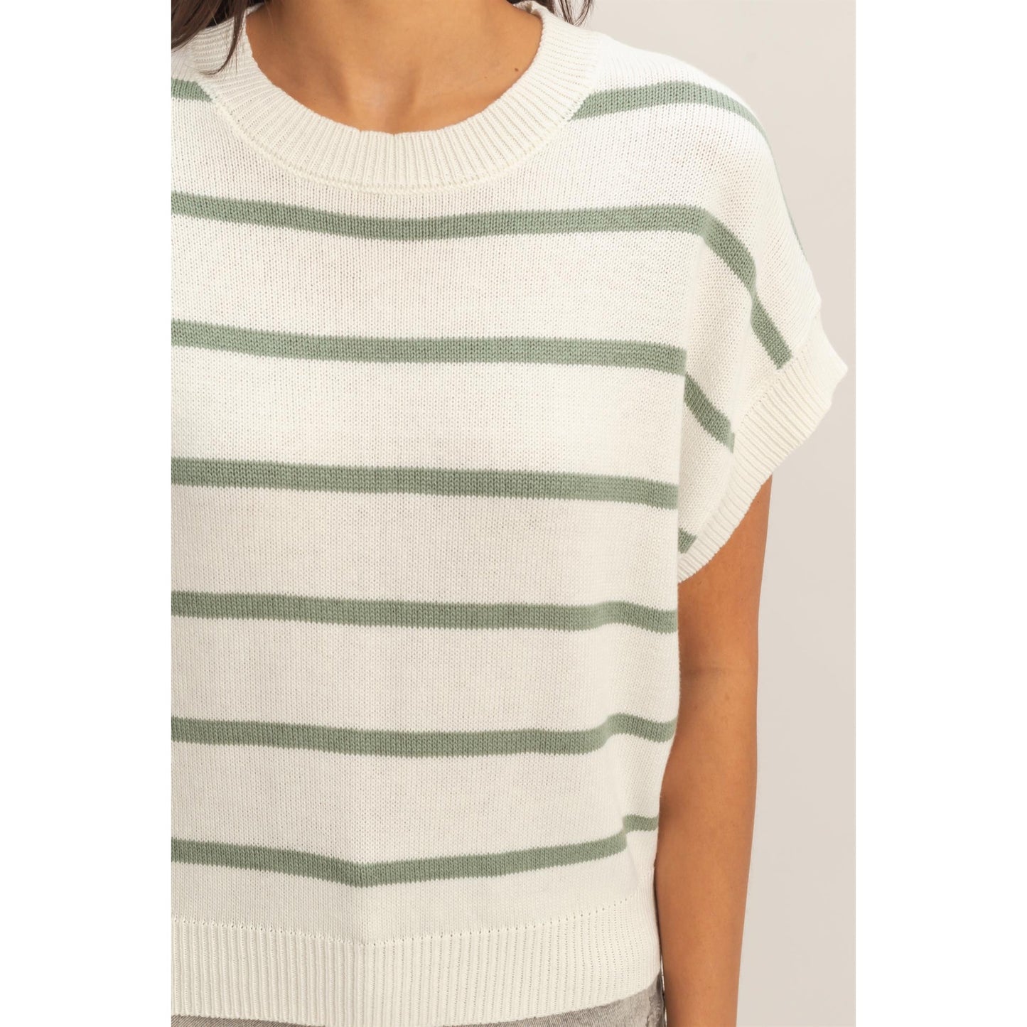 Sage Stripe Knit Top – Crew Neck Short Sleeve Sweater 740
