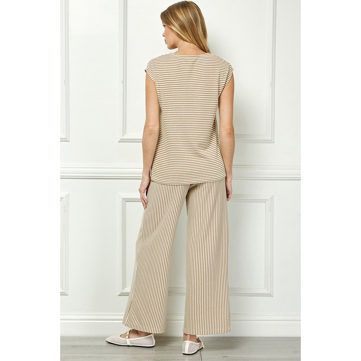 SAS - Drop Shoulder, Striped Top & Cropped Pants Set 3951 / 7345 - Khaki/Cream.