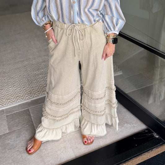 Easel - Wide Leg, Washed Terry Pants 0214 - Latte
