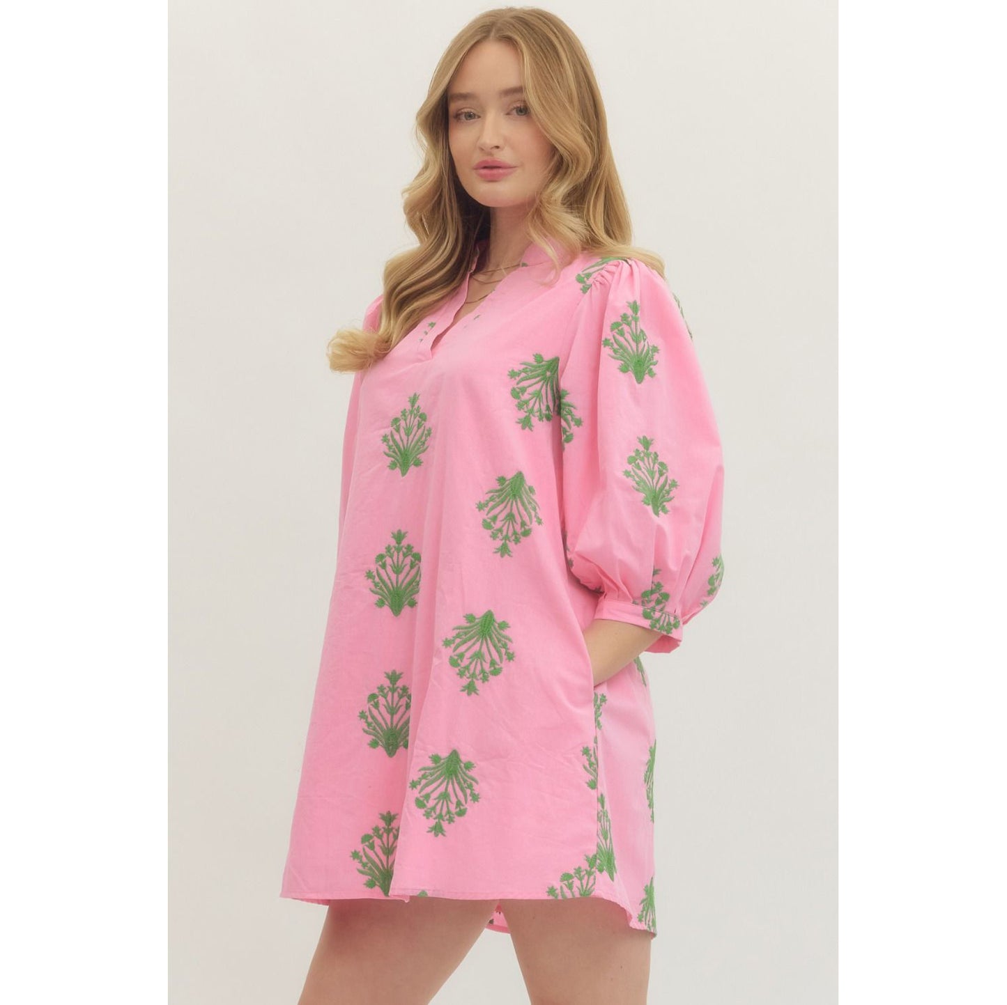 Entro - Embroidered, ¾, Puff Sleeve, Mini Dress 0226 - Pink