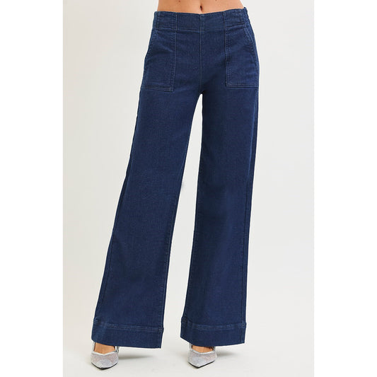 Risen - High Rise, Wide Leg Jeans w Patch Pockets 1345 - Solid Dark -