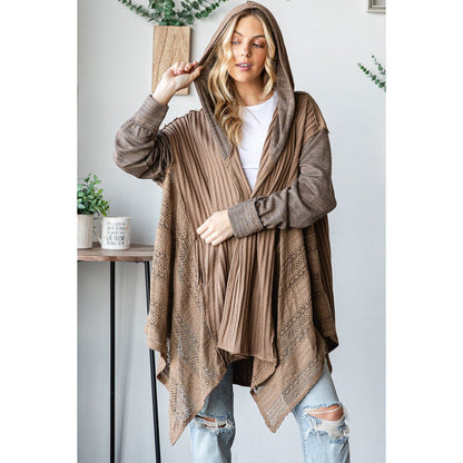 O&H - Mineral Washed, Lace Detail, Cardigan w Hood 0446 - Coffee