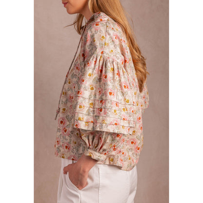 BYC - Printed, Cotton, Peasant Blouse w Knotted String, Top 1102 - Cream