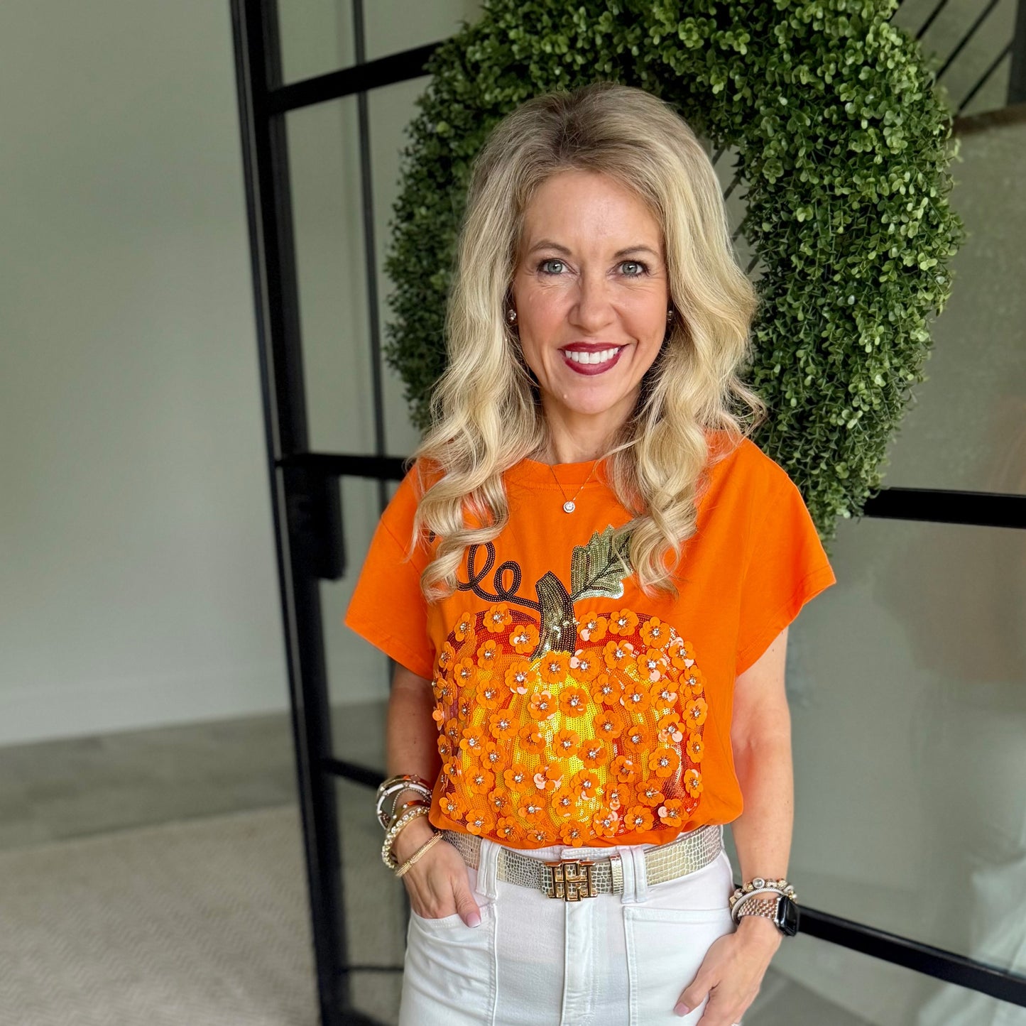 Queen of Sparkles Orange Sequin Flower Pumpkin T-Shirt
