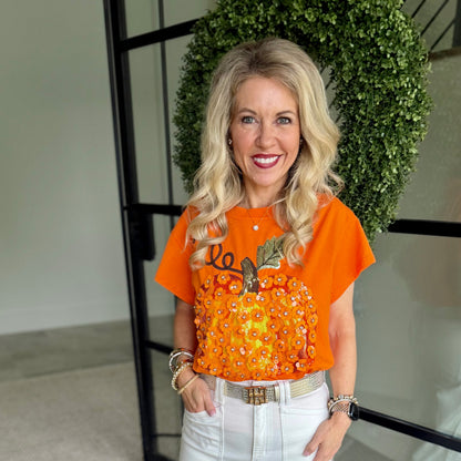 Queen of Sparkles Orange Sequin Flower Pumpkin T-Shirt