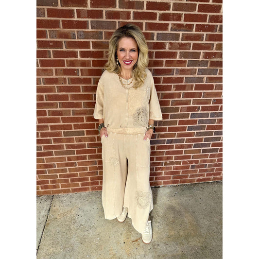 Easel - Crochet Patch, Detail Thermal Top & Pants Set 7947 / 7003 - Khaki