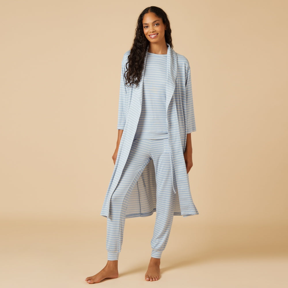 Softies - Sky Blue Striped Robe – Lightweight Tie Waist Lounge wrap