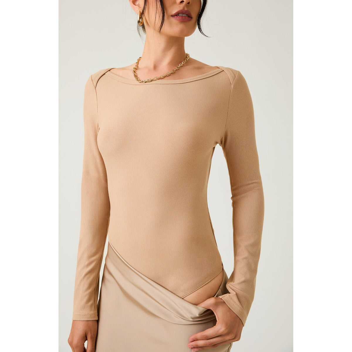 SE - Boat Neck Long Sleeve Rib Bodysuit 0642 - Tan