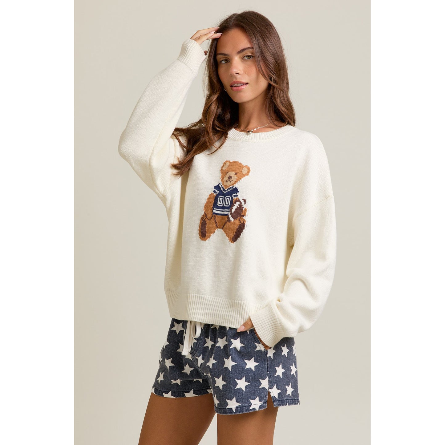 LL - Long Sleeve, Crew Neck, Teddy Bear Sweater 5160 - White / Navy