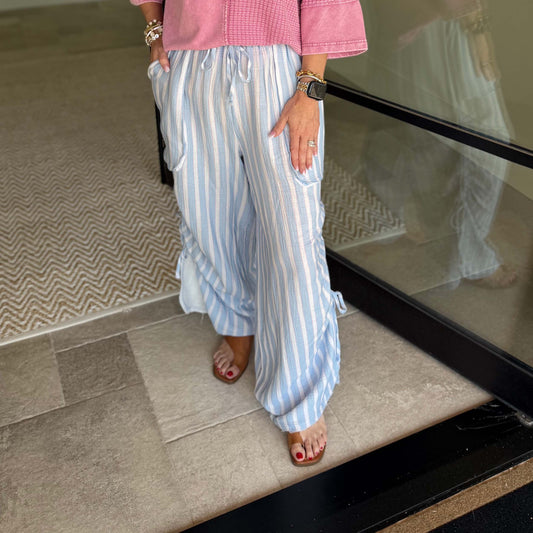 Easel - Striped, Wide Leg, Gauze Pants w Drawstring 0013 - Peri Blue