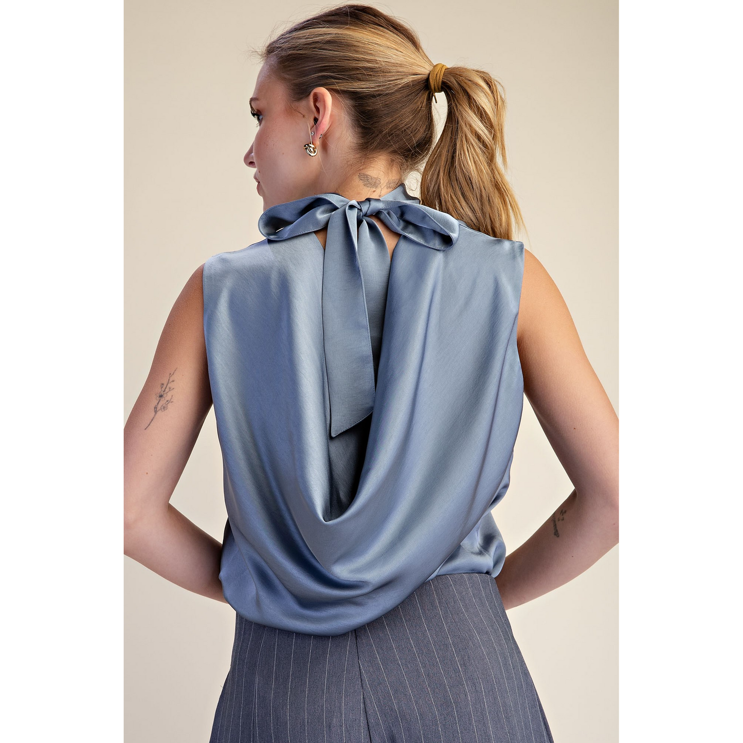 High Mock Neck Sleeveless Cowl Back Tie Top 8189 – Slate