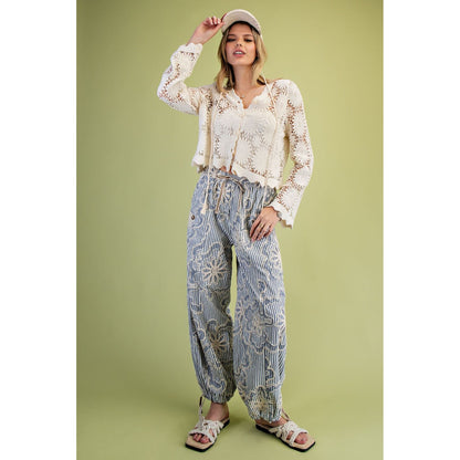 Easel - Striped, Embroidered, Relax Fit Pants w Pockets 0018 - Denim Blue