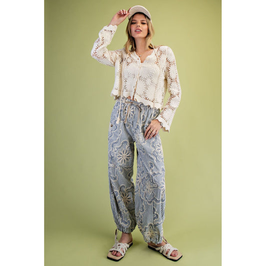 Easel - Striped, Embroidered, Relax Fit Pants w Pockets 0018 - Denim Blue