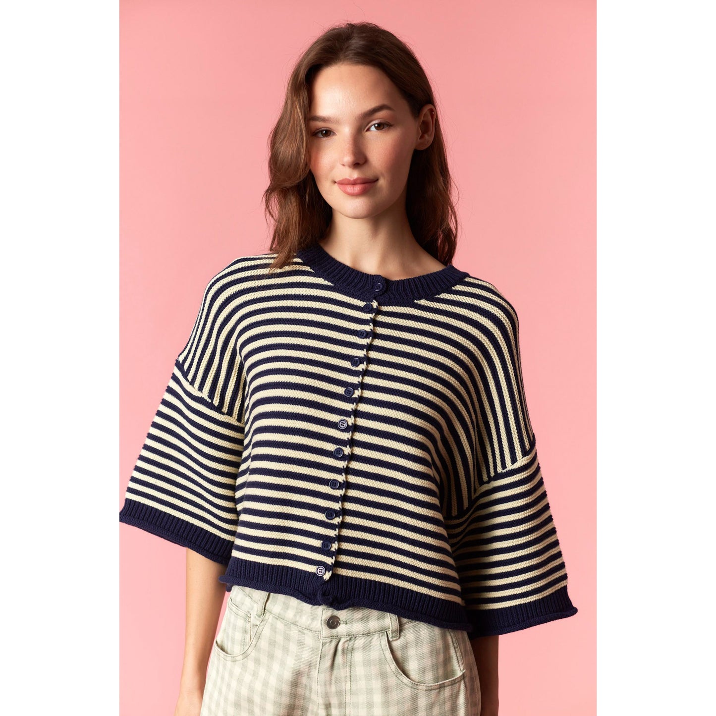 Striped Half Sleeve Oversize Cardigan - Navy / Ivory