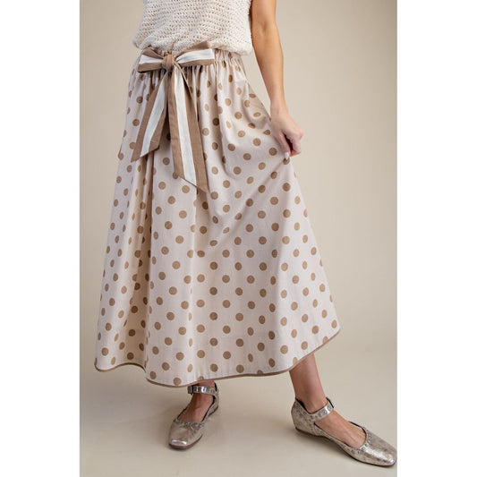 Neutral Polka Dot Linen Tie-Waist Maxi Skirt - 0224