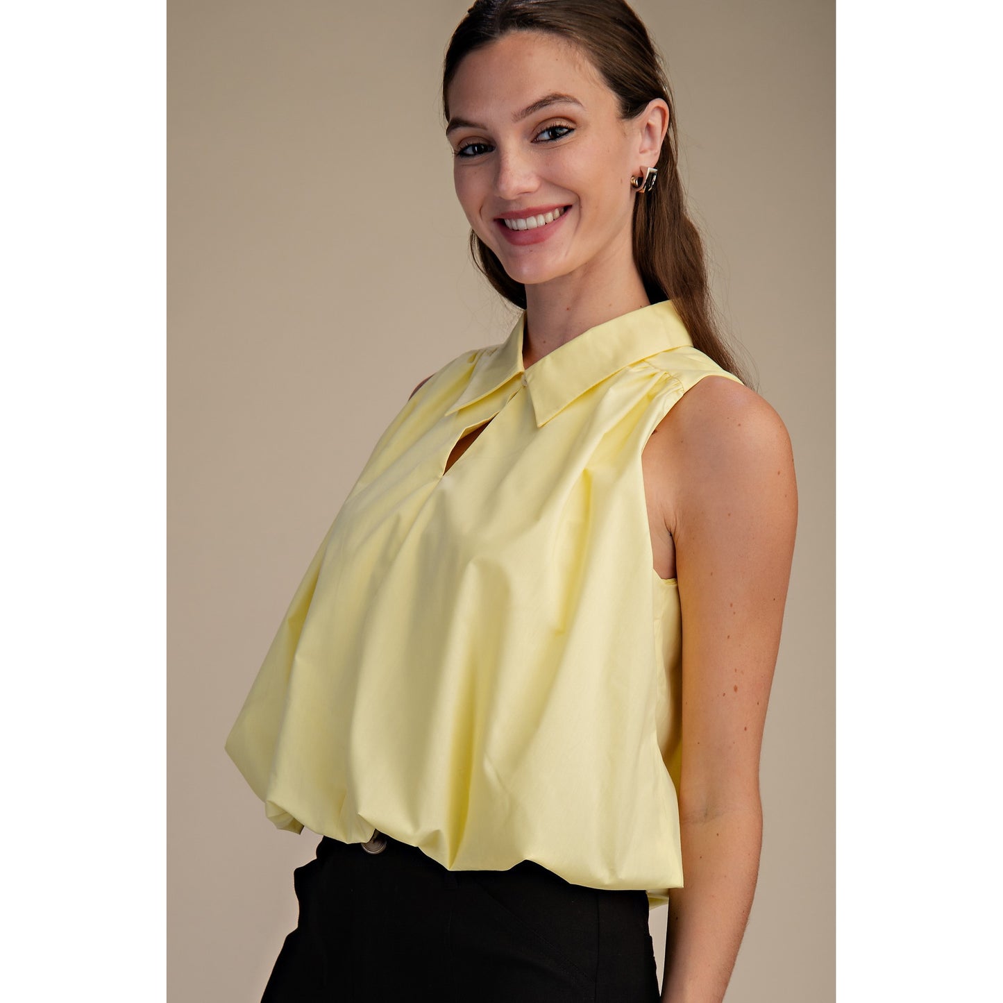 Bubble Hem Sleeveless Blouse – Butter Yellow Collared Flowy Top 9649