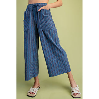 Easel - Textured, High Waist, Wide Leg Pants 0011 - Blue SALE