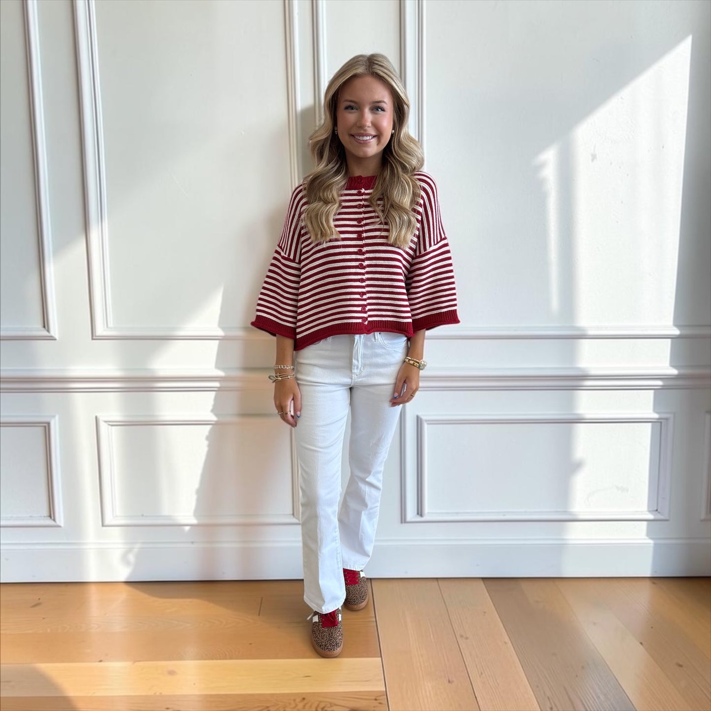 Striped Half Sleeve Oversize Cardigan - Crimson / Off White