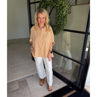 Easel - Textured, Linen, Half Sleeve Button Down Top 9003 - Mustard