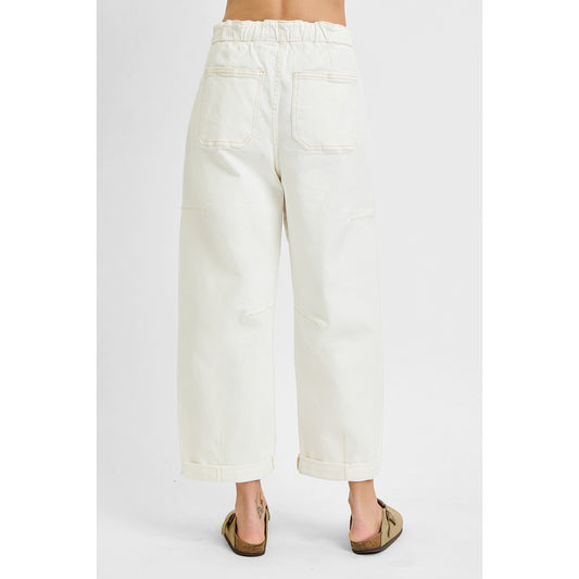 Risen - High Rise, Crop, Wide Barrel Cargo, Pocket Pants w Cuff 1142 - Cream
