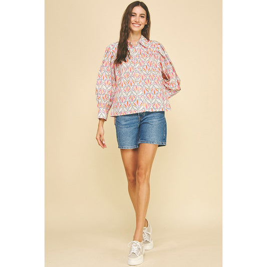 Pinch -  Printed, Button Down Shirt Top 5374 - Pink Multi
