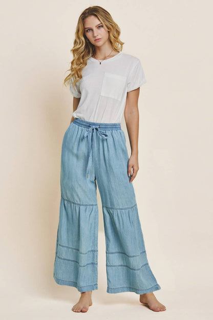 Washed Denim Tiered Wide Leg Pants 7002 - Light Denim