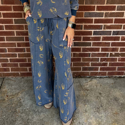 EL - Western Printed, Washed, Terry Pants 0142 - Indigo