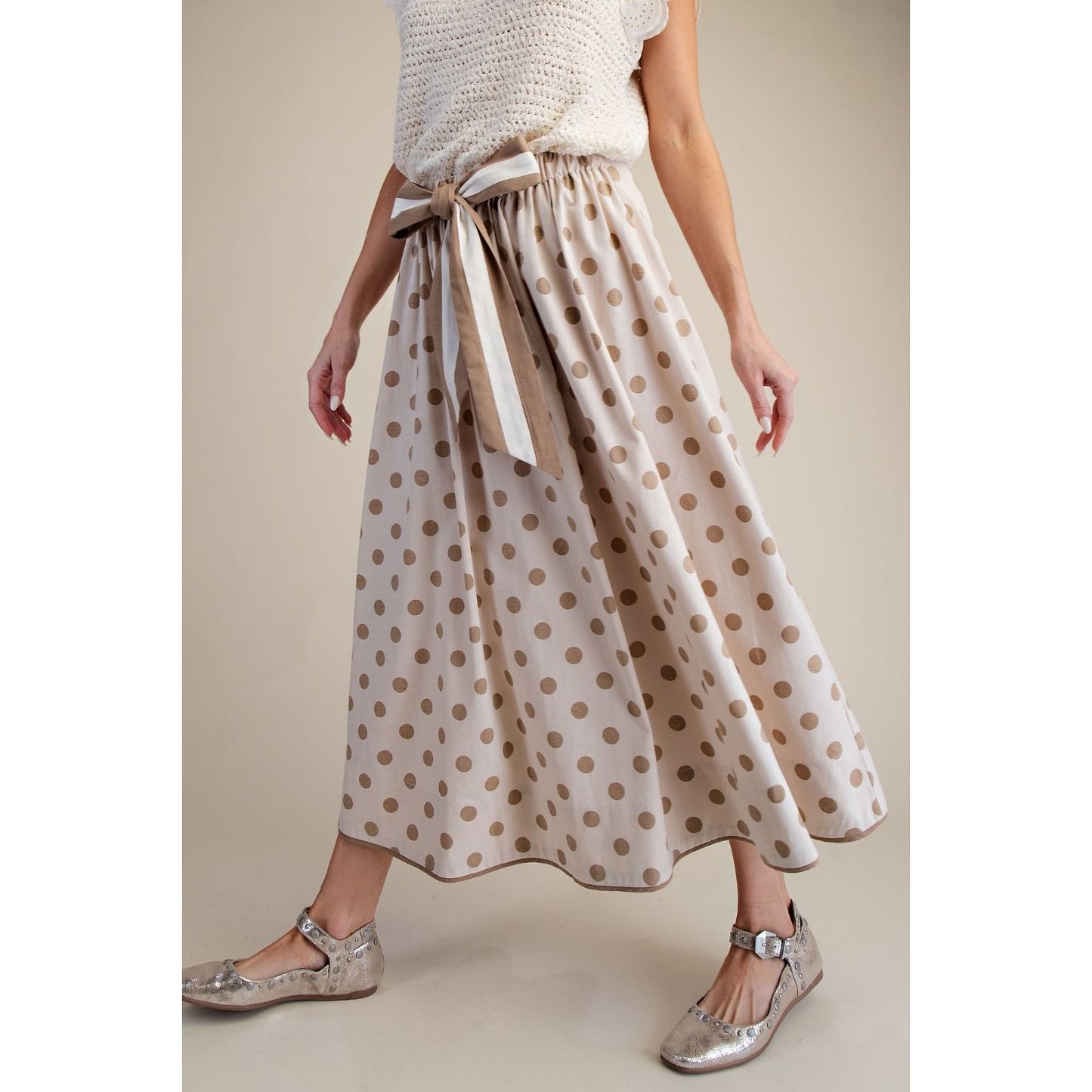 Neutral Polka Dot Linen Tie-Waist Maxi Skirt - 0224