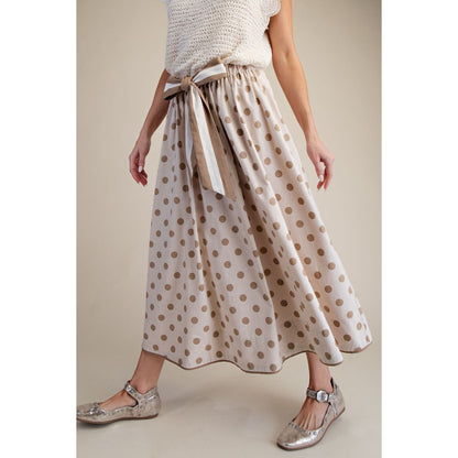 Neutral Polka Dot Linen Tie-Waist Maxi Skirt - 0224